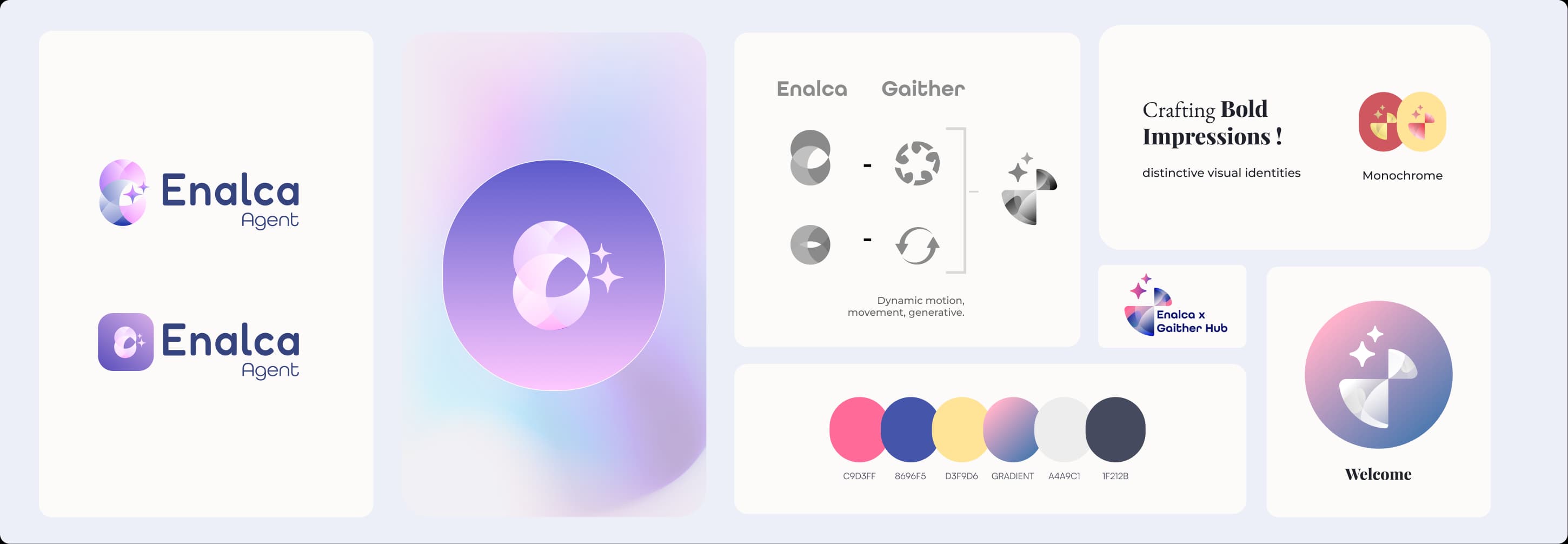 Gaither and Enalca AI brand exploration with combined symbols, gradients, app icons, and color palette