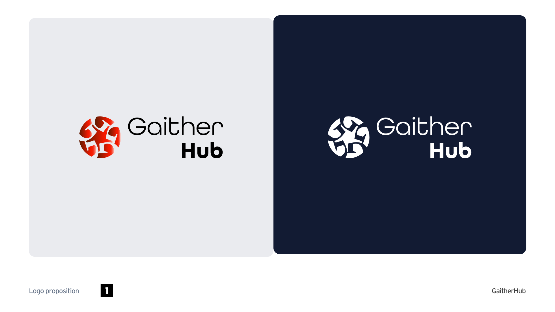 Gaither Hub logo proposal in color and white on light and dark backgrounds