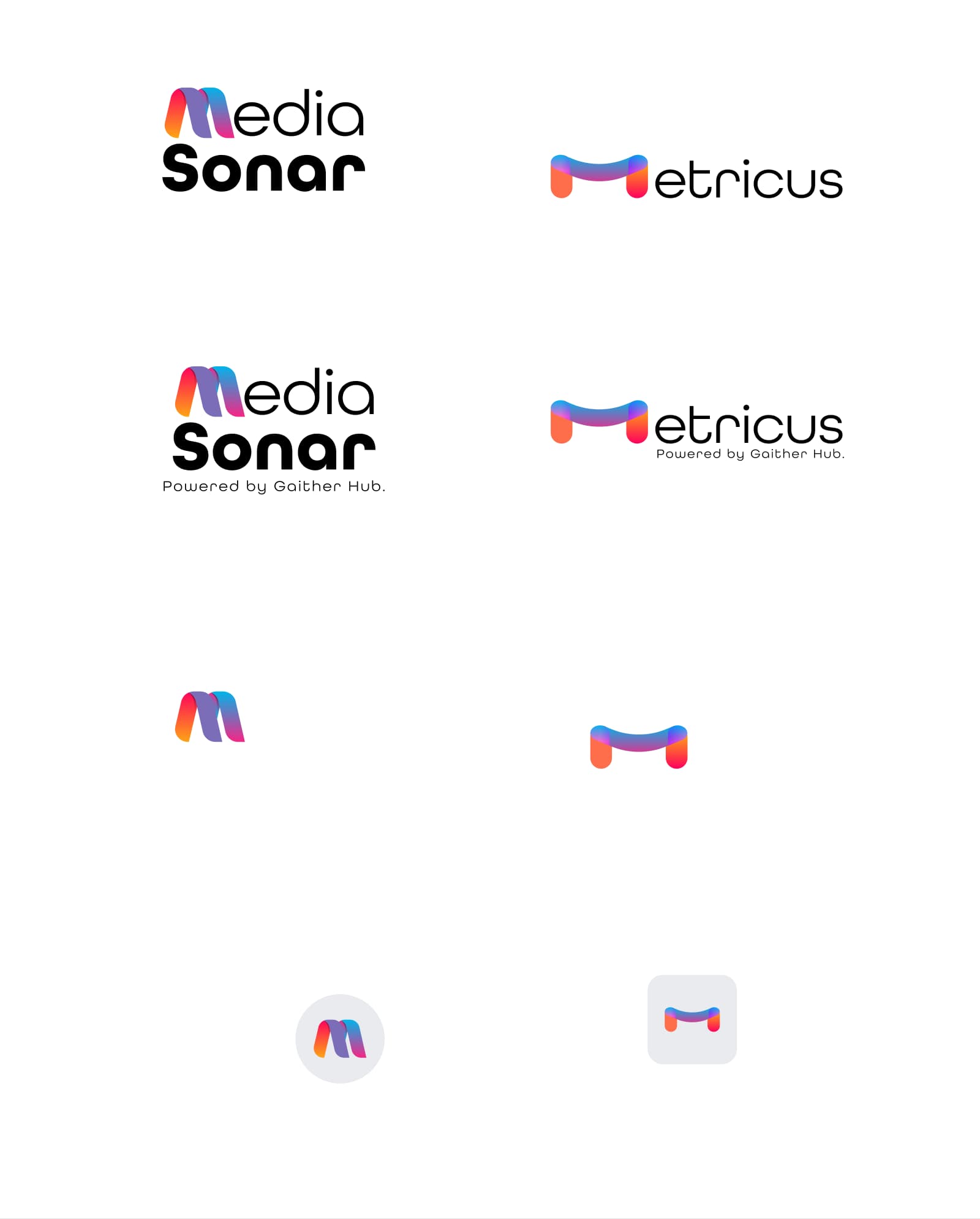 Metricus wordmark and app icon variants alongside Media Sonar explorations