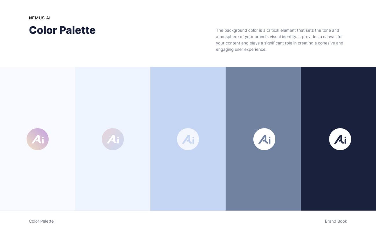 Nemus AI brand-book color palette with the AI symbol across five light and dark backgrounds