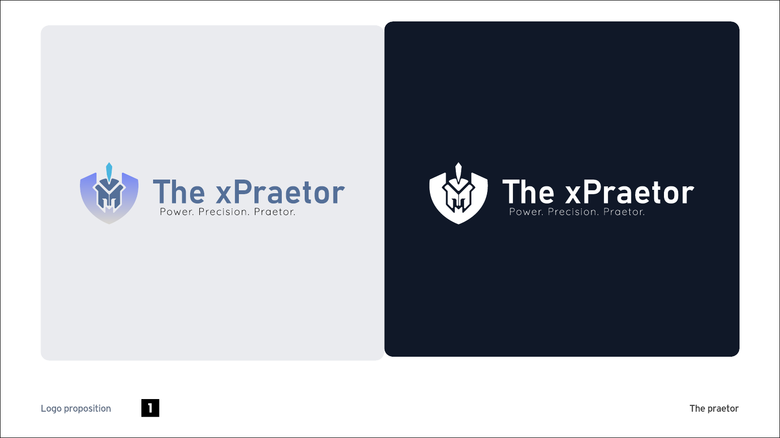 Early The xPraetor shield and helmet logo proposal on light and navy backgrounds