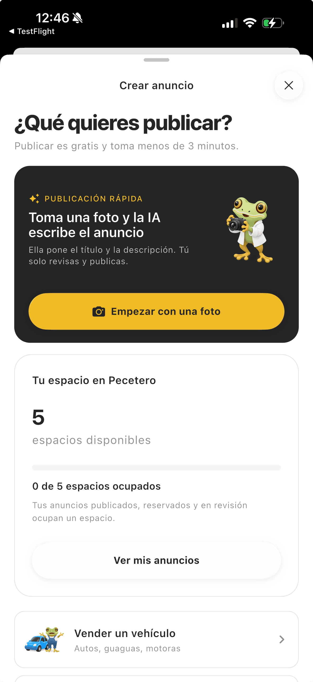 Pecetero photo listing flow where AI drafts a title and description for the seller to review