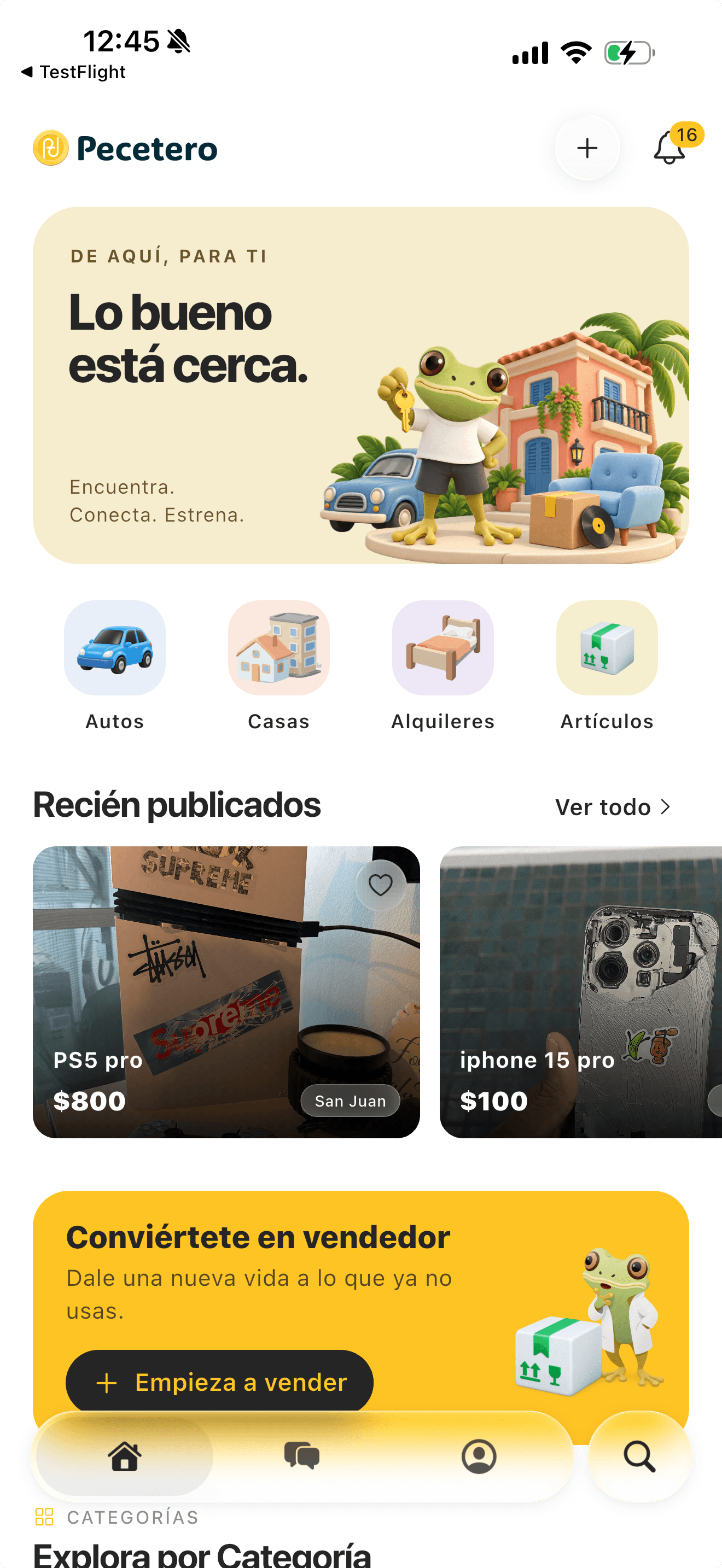 Pecetero mobile marketplace with local vehicle, home, rental, and item listings in Puerto Rico