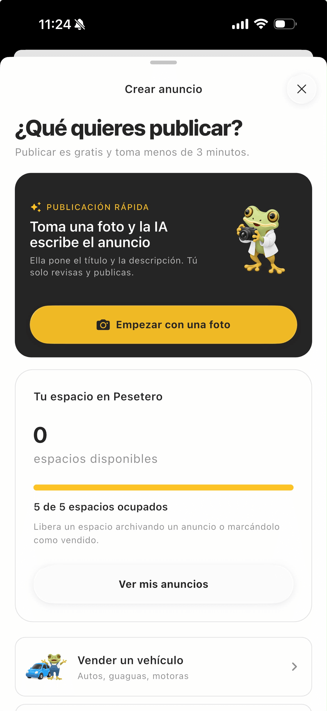 Flujo de anuncios de Pesetero donde la IA crea un título y una descripción a partir de una foto para que el vendedor los revise