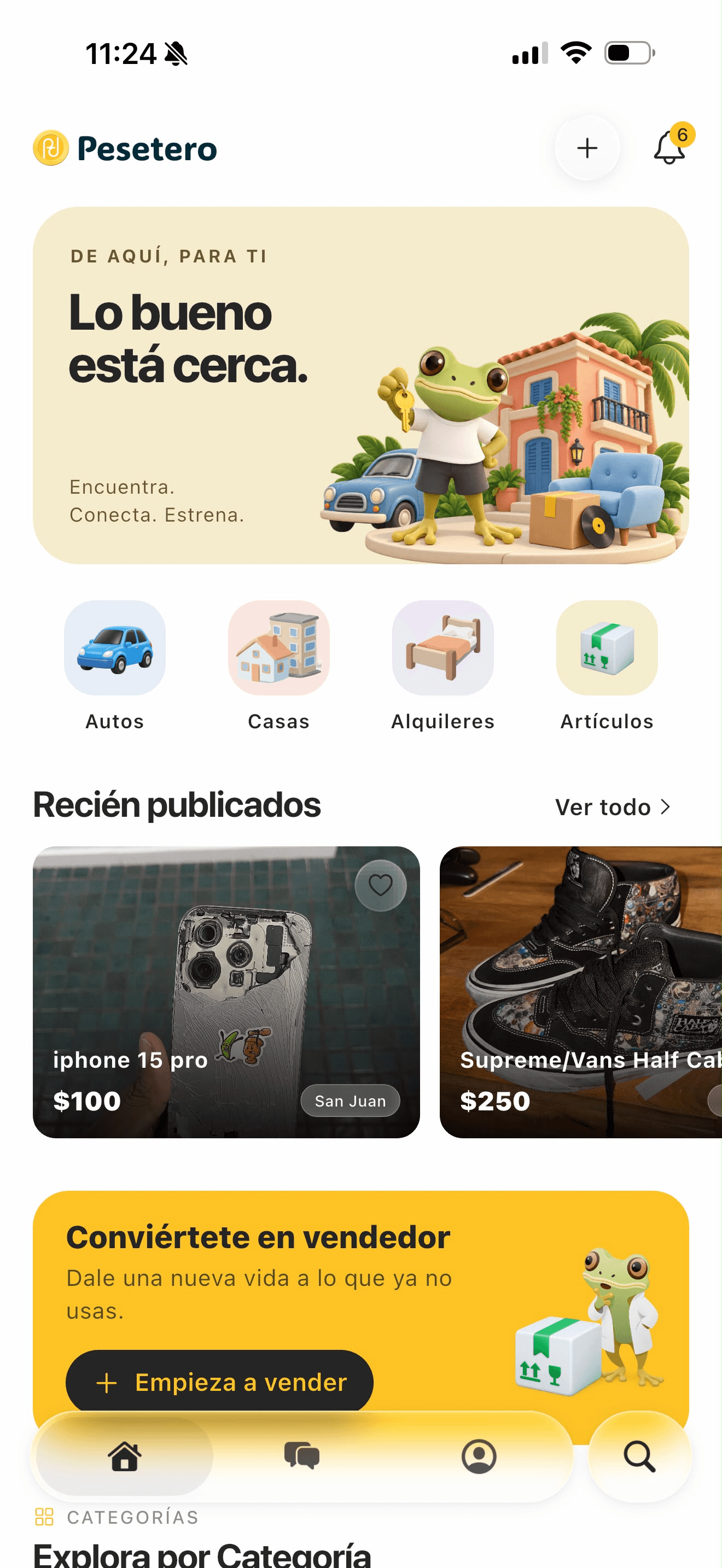 Marketplace móvil de Pesetero con anuncios locales de vehículos, casas, alquileres y artículos en Puerto Rico