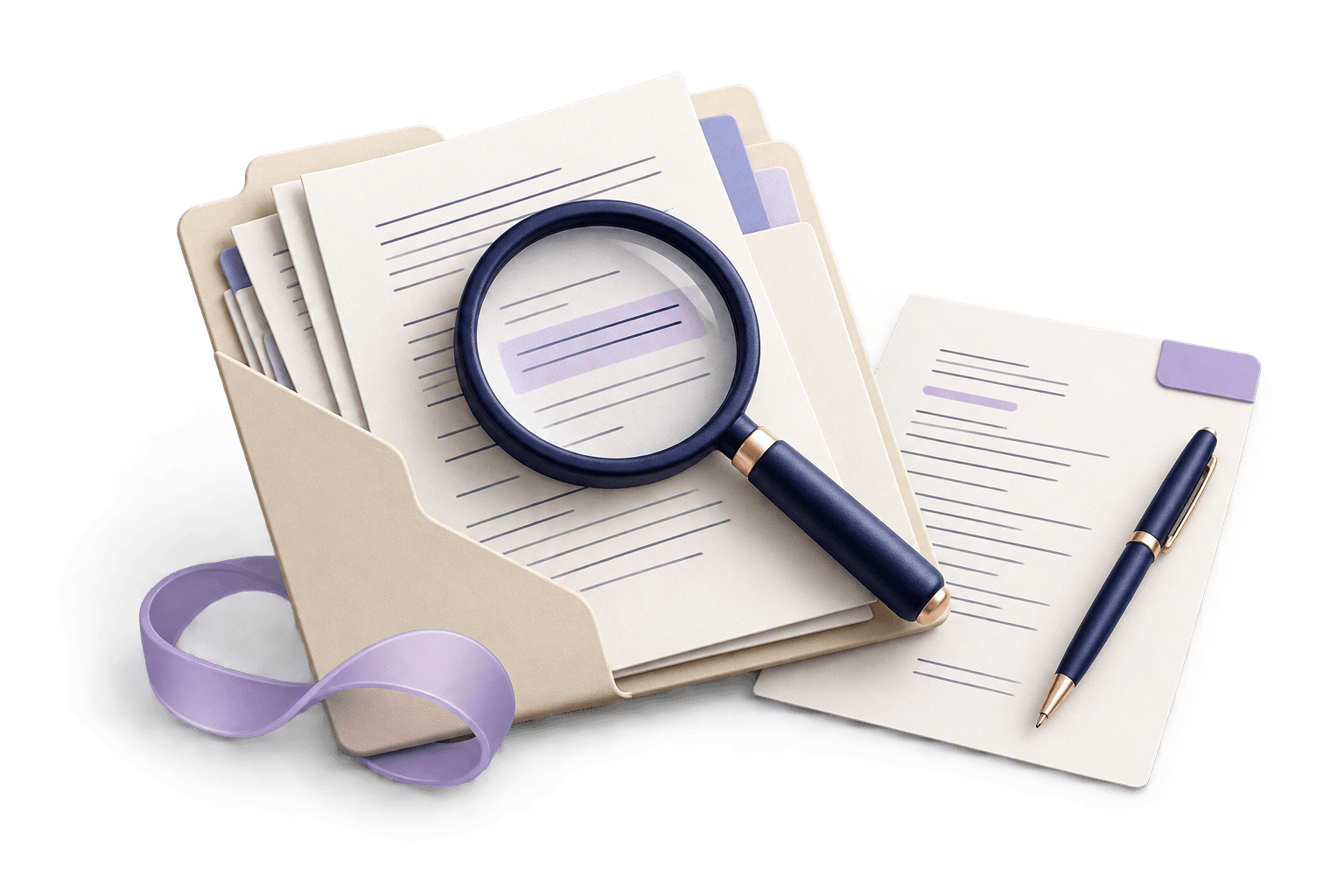 Illustration of contract documents, a magnifying glass, and a draft ready for review