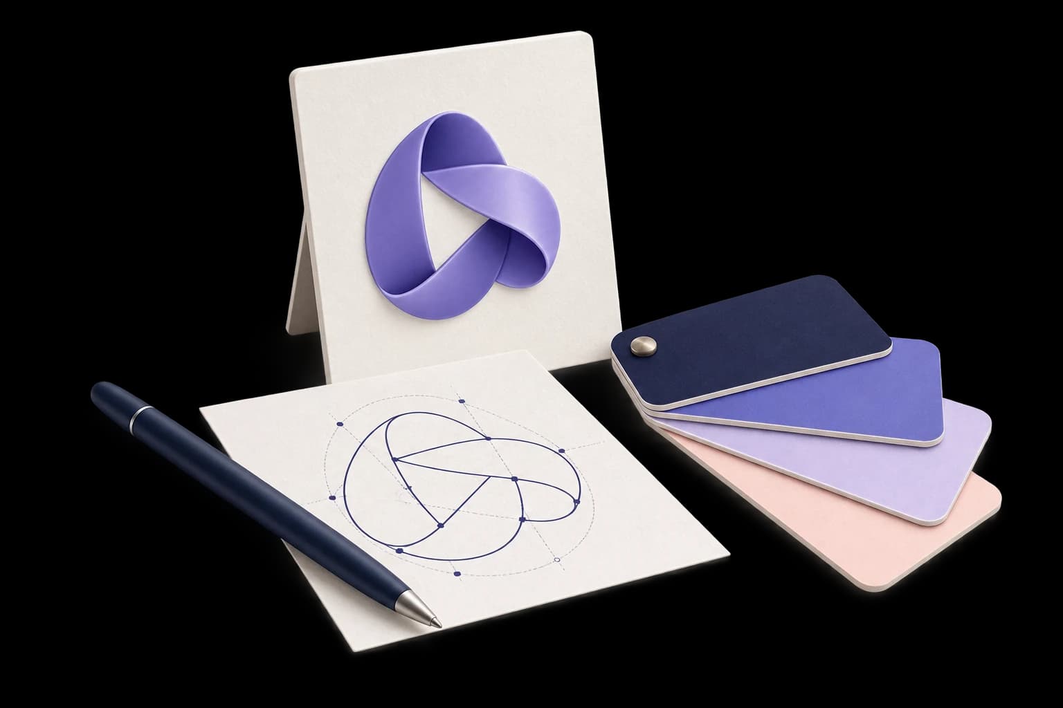Illustration of a logo sketch, a finished symbol, and a fan of brand color swatches